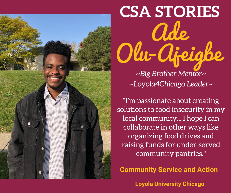 CSA Story Header for Ade Olu-Ajeigbe; a headshot image of him on a maroon and gold background